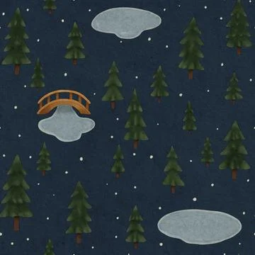 Seamless Winter Forest Pattern with Pine Trees Bridge and Frozen Ponds Stock Illustration
