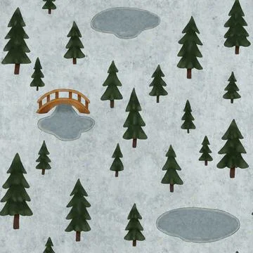 Seamless Winter Forest Pattern with Pine Trees Bridge and Frozen Ponds on Icy Bl Stock Illustration