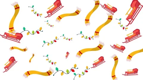 Seamless winter holiday pattern with red sleighs yellow scarves and festive Stock Footage 345539947