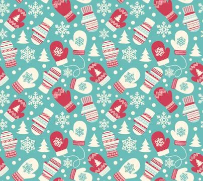 Seamless Winter Holidays Pattern with Mittens Gloves and Snowfla Stock Illustration
