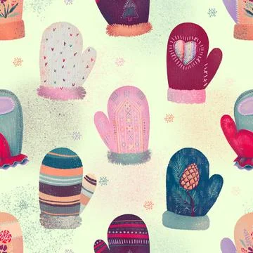 Seamless Winter Holidays Pattern with Mittens Gloves and Snowflakes new year Stock Illustration