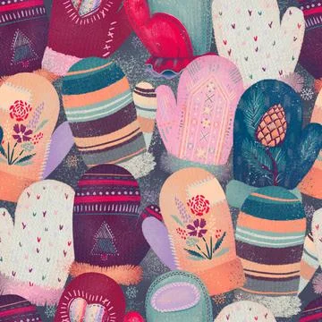 Seamless Winter Holidays Pattern with Mittens Gloves and Snowflakes new year Illustrazione stock