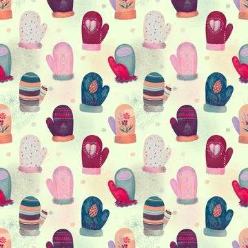 Seamless Winter Holidays Pattern with Mittens Gloves and Snowflakes new year Illustrazione stock