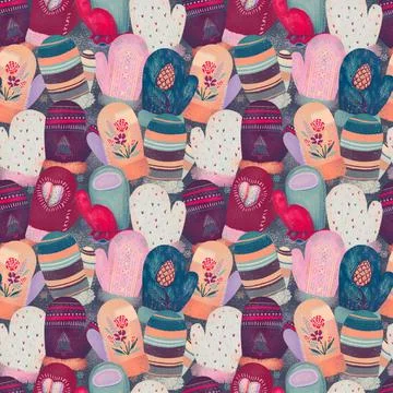 Seamless Winter Holidays Pattern with Mittens Gloves and Snowflakes new year 스톡 일러스트
