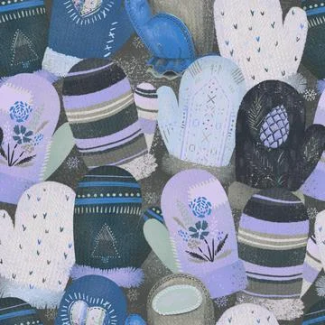Seamless Winter Holidays Pattern with Mittens Gloves and Snowflakes new year 스톡 일러스트