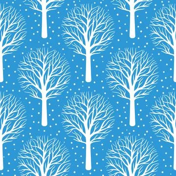 Seamless winter inspired pattern with white trees and snow on  a bright blu.. Stock Illustration