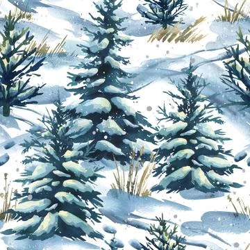Seamless winter landscape pattern with snowy pine trees and frosty ground, hand Stock Illustration