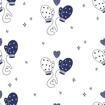 Seamless Winter Pattern Blue Mittens and Hearts on White Background. Repeat.. Stockillustratie