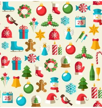 Seamless Winter Pattern with Christmas Flat Icons Isolated on Be Stock Illustration