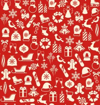 Seamless Winter Pattern with Christmas Icons Isolated on Red Stock-Illustration