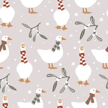 Seamless winter pattern with cute geese in warm scarf. Merry Christmas vector Stock Illustration