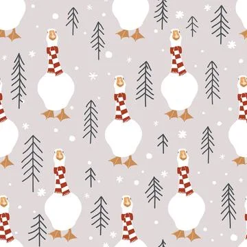 Seamless winter pattern with cute geese and doodle hand drawn pine trees. Mer Stock Illustration