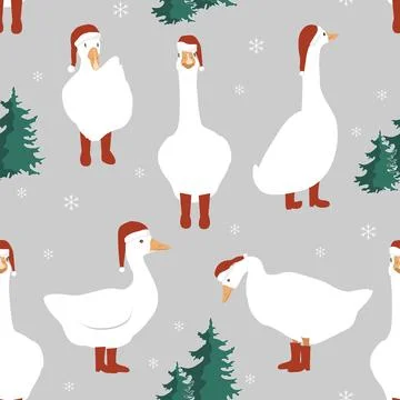 Seamless winter pattern with cute geese in Santa Claus hats and red boots. Me Stock Illustration