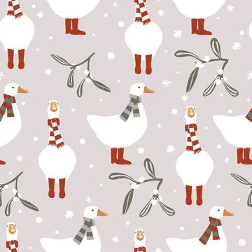 Seamless winter pattern with cute geese in warm scarf and reed boots. Merry C 스톡 일러스트