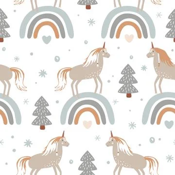 Seamless winter pattern with cute unicorns standing on rainbows. Design baby Stock Illustration