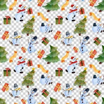 Seamless winter pattern featuring cute snowmen with gifts and Christmas trees Stock Illustration