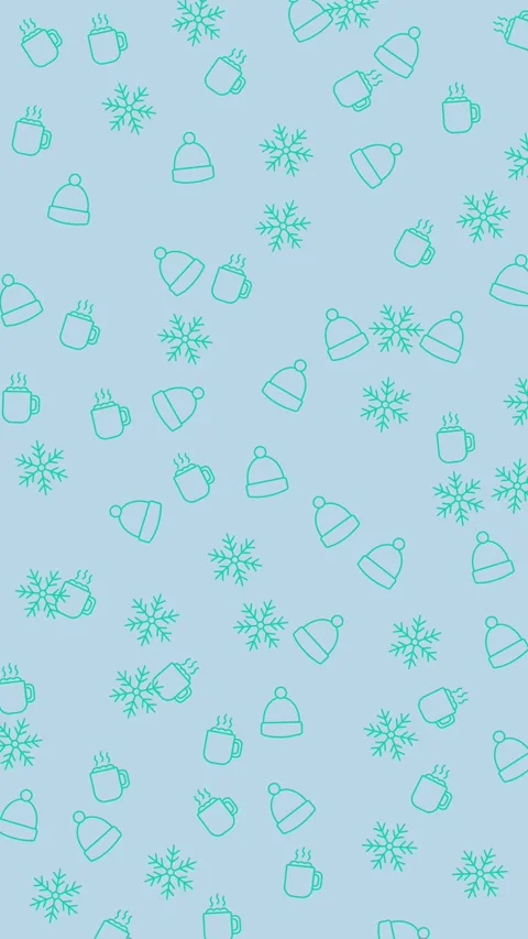 Seamless winter pattern featuring light blue tones, beanies, mugs, and snowflake Stock Footage 320039470
