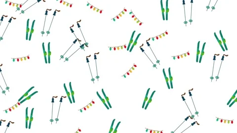 Seamless winter pattern featuring ski equipment and festive light garlands Stock Footage 345539945
