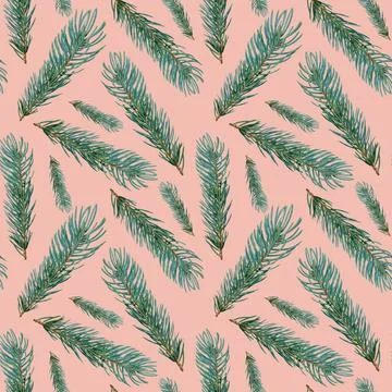 Seamless winter pattern of fluffy fir branches on pink background Illustrazione stock