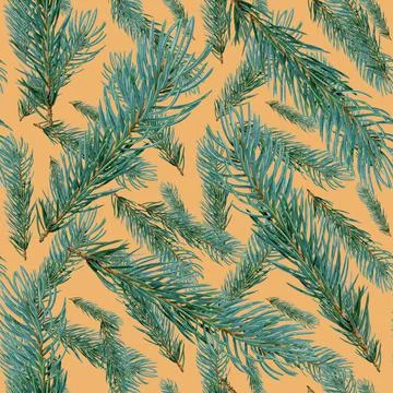 Seamless winter pattern of fluffy fir branches on yellow background Illustrazione stock