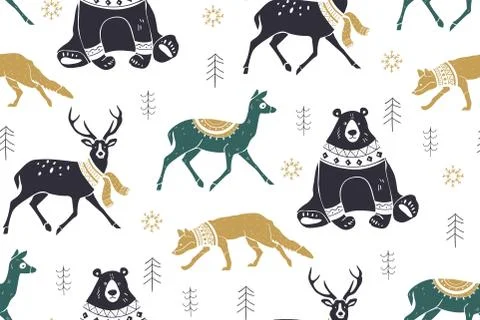 Seamless winter pattern with forest animals reindeer, fox, bear. Scandinavian Stock Illustration