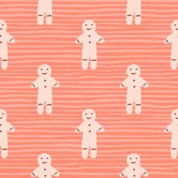 Seamless winter pattern with gingerbread man cookie ornament. Pink palette. S Stock Illustration