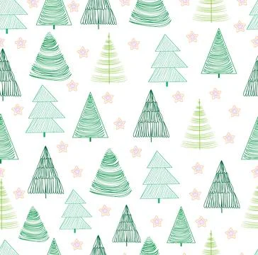 Seamless winter pattern of green fir trees on a white background Stock Illustration