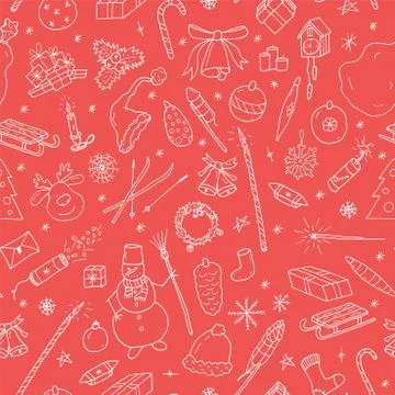 Seamless winter pattern with hand drawn christmas elements - doodle style Иллюстрация