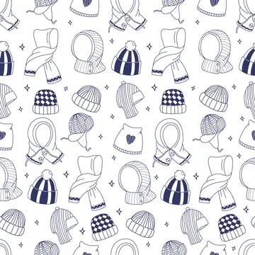 Seamless Winter Pattern with Knitted Hats, Headwear and Scarf on White Back.. Stock Illustration