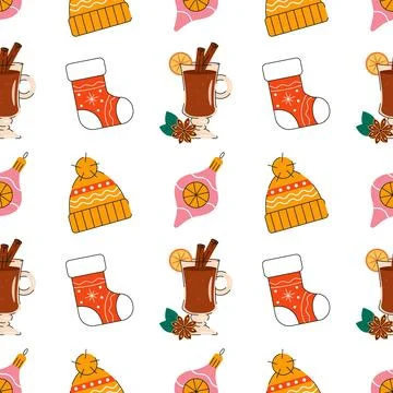 Seamless winter pattern with mulled wine, Christmas stockings, beanies 스톡 일러스트