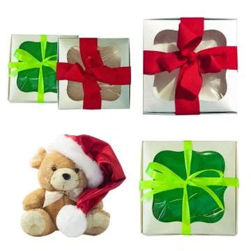 Seamless winter pattern with red gift boxes and cute soft rat toy.Flat Christ Foto stock