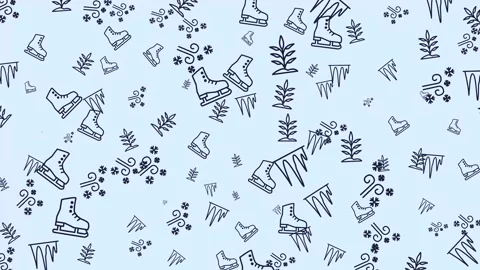 Seamless winter pattern with skates, icicles, and winter plants in light blue Stock Footage 320223343