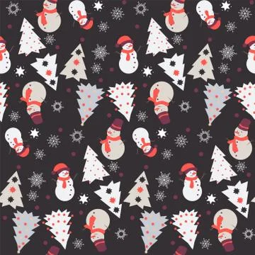 Seamless Winter Pattern with Snowman and Christmas Tree Stock Illustration