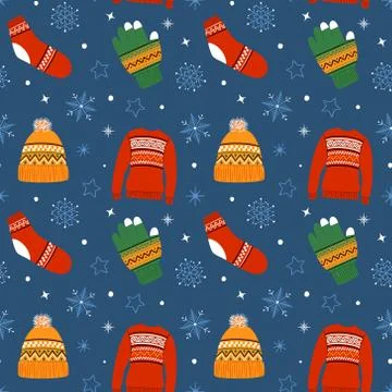 Seamless winter pattern with warm clothes Stock Photos