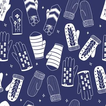 Seamless Winter Pattern White Decorative Mittens and Knitted Gloves on Navy.. 스톡 일러스트