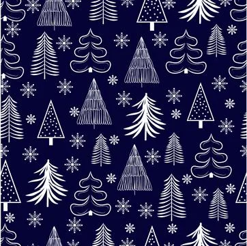 Seamless winter pattern of white fir trees on a blue background 스톡 일러스트