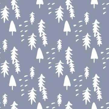 Seamless winter pattern with white pines and firs. Light blue background. Stock Illustration