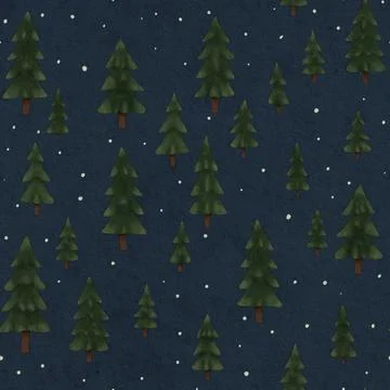 Seamless Winter Pine Tree Pattern on Dark Navy Blue Background Stock Illustration