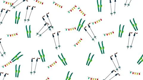 Seamless winter skiing pattern with skis, poles, and festive garland lights.. Stock Illustration
