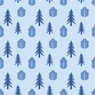 Seamless Winter Tree Pattern with Snow on Blue Background Stock Illustration