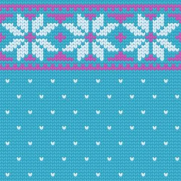 Seamless winter vector pattern with bright jacquard ornament, blue and pink 스톡 일러스트