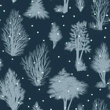 Seamless winter vector pattern with frosted trees on a dark background Stock Illustration