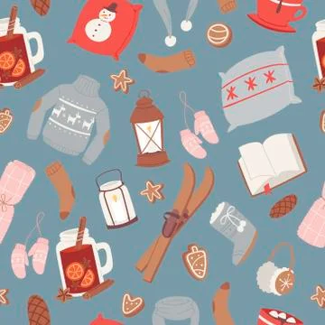 Seamless winter vector pattern with knitted sweater, socks and mittens. Winter Stock Illustration