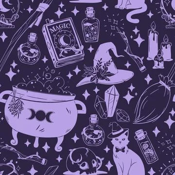 Seamless Witchcraft Doodle Pattern with Cauldron, Magic Book and Potion Bottles Stock Illustration