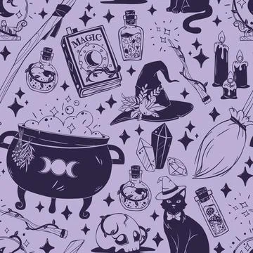 Seamless Witchcraft Doodle Pattern with Cauldron, Magic Book and Potion Bottles Illustrazione stock