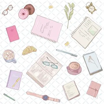Seamless women's pattern. Hand drawn illustration in pastel colors work notes Illustrazione stock