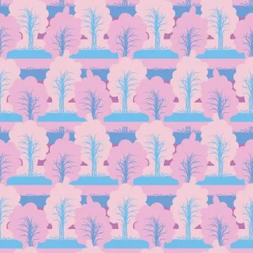 Seamless woodland landscape vector pattern with pink trees and blue grass Stock Illustration