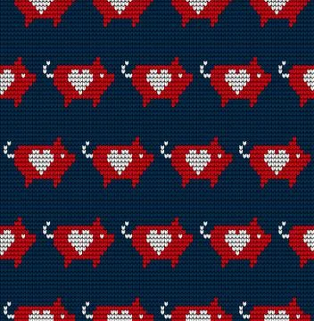 Seamless woolen knitted Christmas pattern with pigs and lanterns Stock Illustration