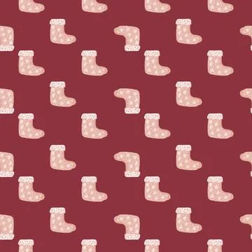 Seamless xmas pattern with light pink ornamental gift socks shapes. Maroon ba Stock Illustration