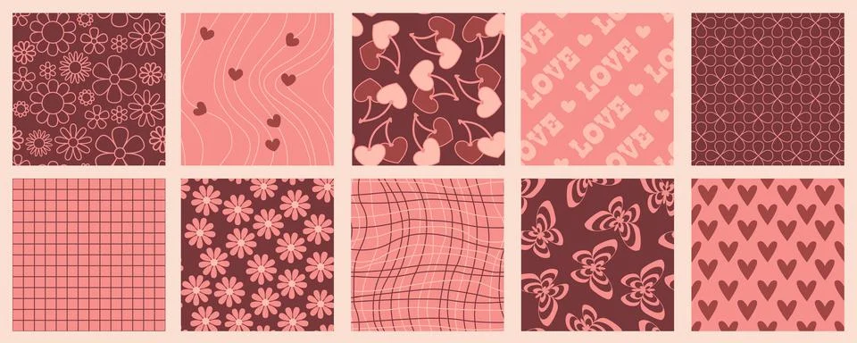 Seamless y2k love patterns set Illustrazione stock